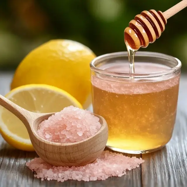 A glass of pink Himalayan salt water with lemon for weight loss