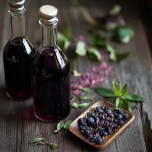 Blueberry basil herbal cordial in a glass bottle with fresh ingredients