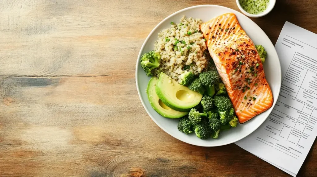 Healthy meal with salmon and meal plan printout