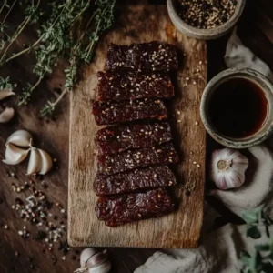 Homemade deer jerky with spices on rustic board