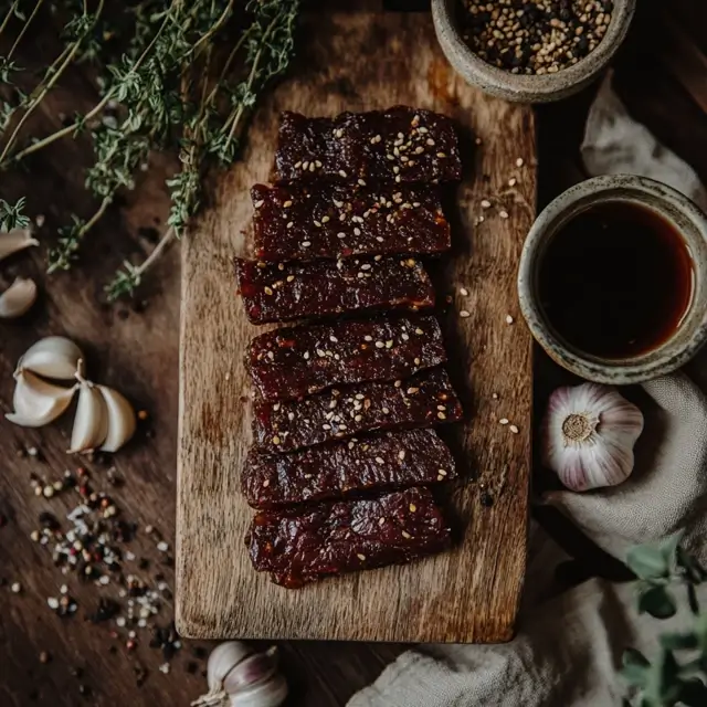 Homemade deer jerky with spices on rustic board