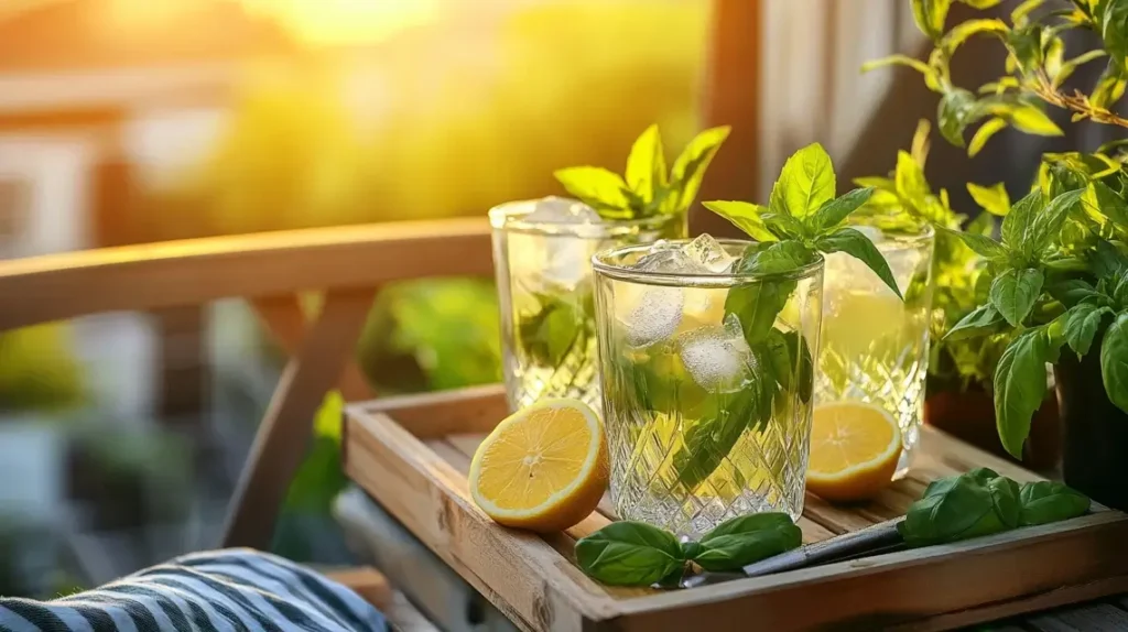 Glasses of herbal cordial with ice and lemon on patio