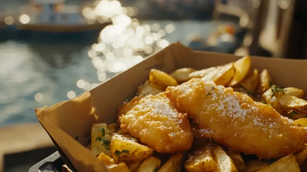 Golden crispy fish and chips at Oceanside Harbor