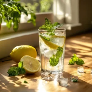 Fresh lemon balm ice water on a sunny morning table