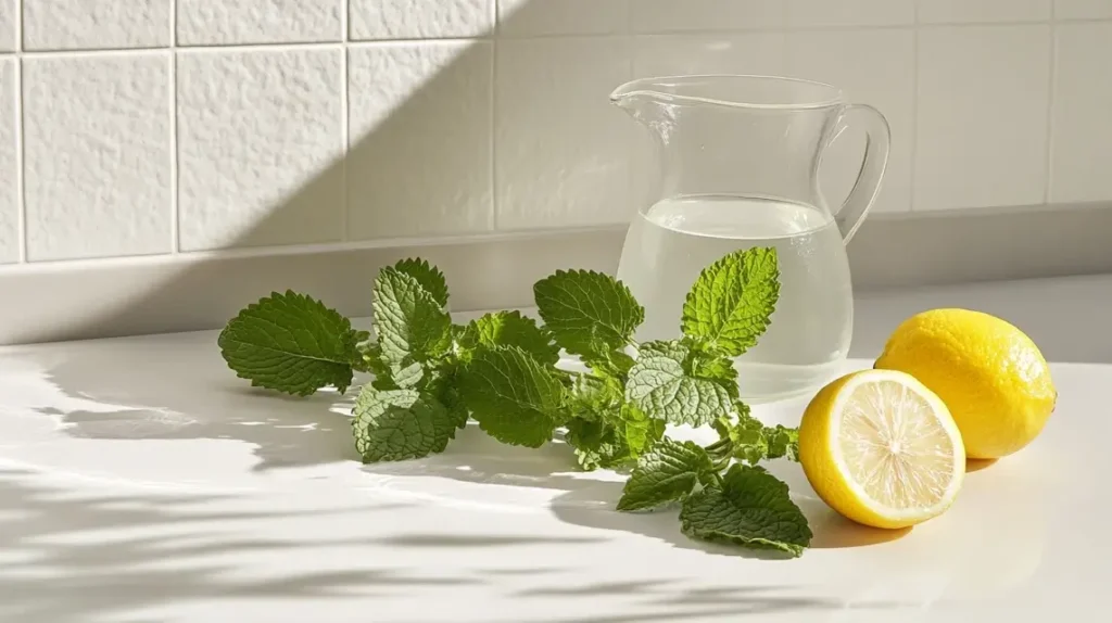 Lemon balm and lemon juice setup for detox water
