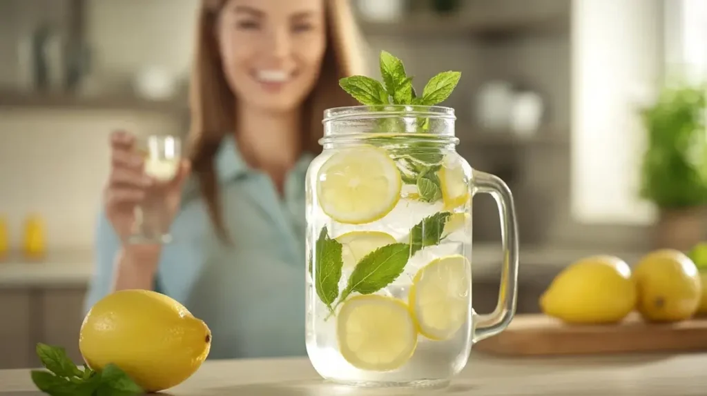 Woman enjoying lemon balm ice water