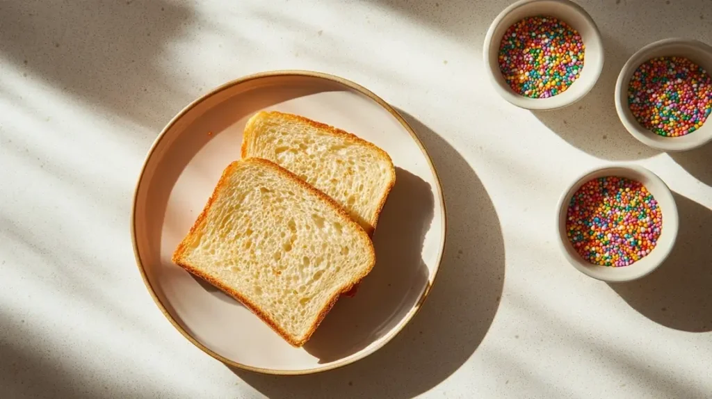 Simple kitchen setup with toast and colorful edible sprinkles