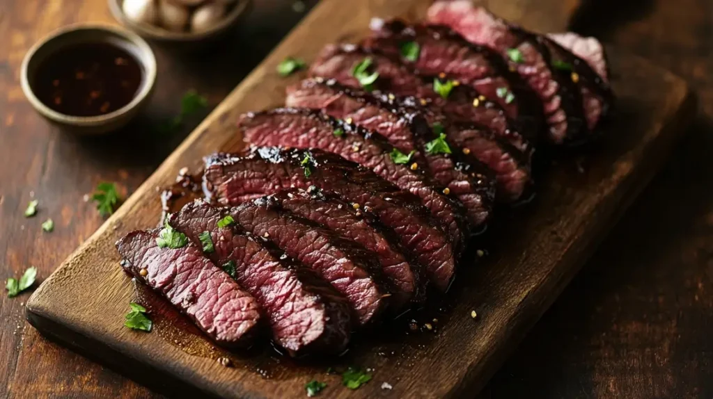 Deer meat and marinade ingredients on kitchen cutting board