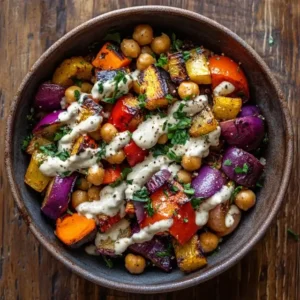 Roasted vegetable and chickpea bowl with tahini