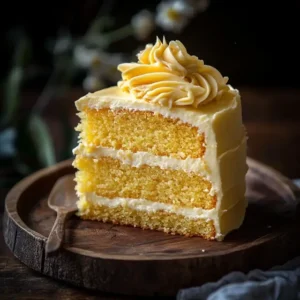 Corn cake with honey Italian buttercream on a wooden plate