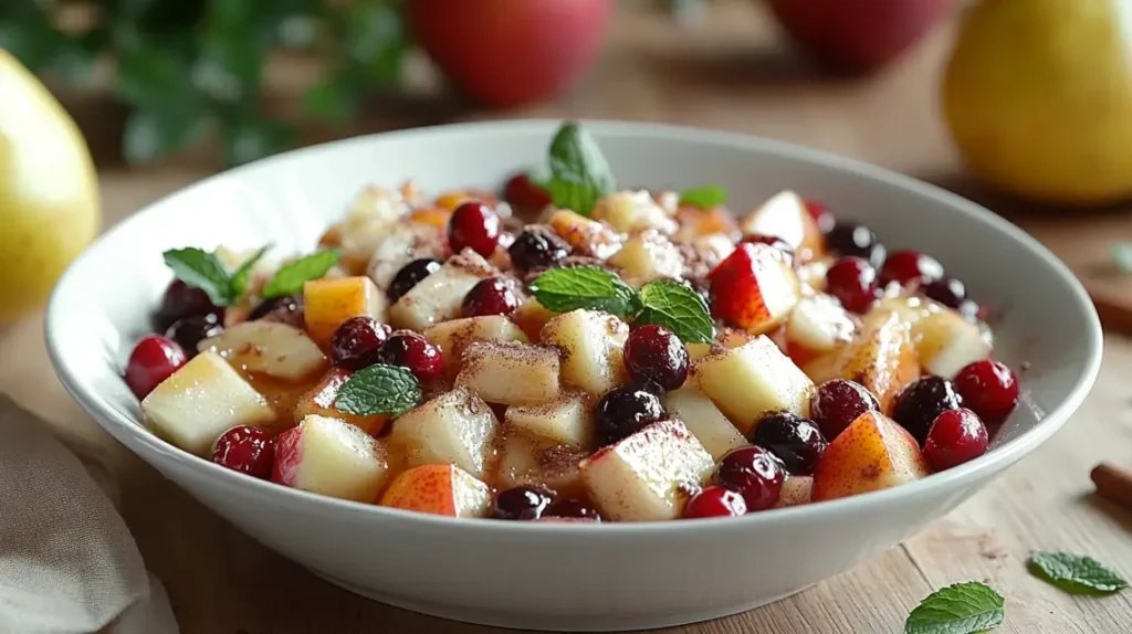 Simple bowl of fall fruit salad with apples, pears, and cranberries