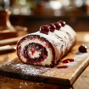 Homemade Black Forest roll cake sliced on kitchen table