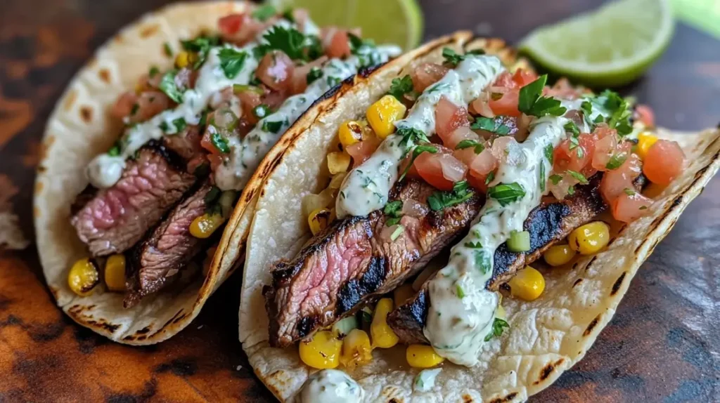 Grilled steak tacos topped with creamy corn and fresh salsa