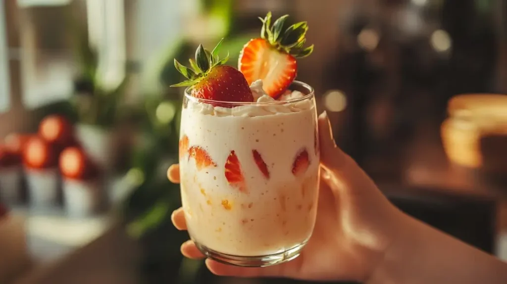 Hand holding a homemade Strawberry Piña Colada in a casual kitchen