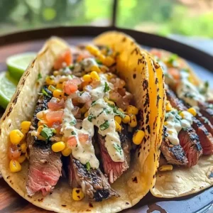 Grilled steak tacos with creamy elote corn and salsa