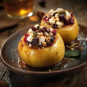 Baked Apples with Feta, Honey, and Cranberries served on a rustic plate