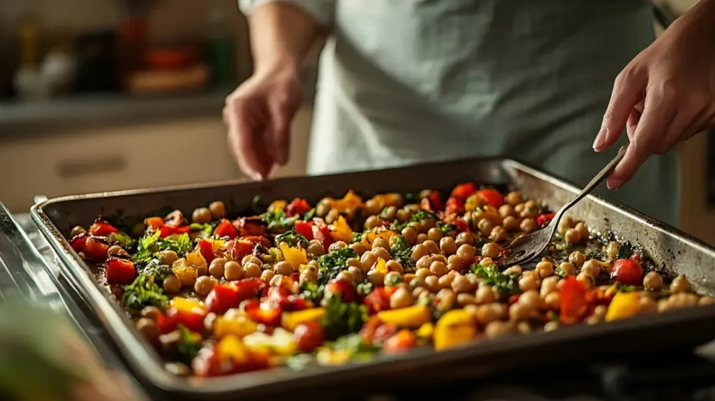 Home cook preparing roasted veggies and chickpeas