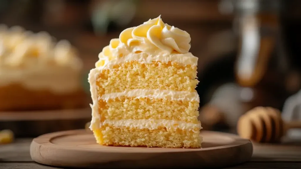 A slice of corn cake with honey Italian buttercream