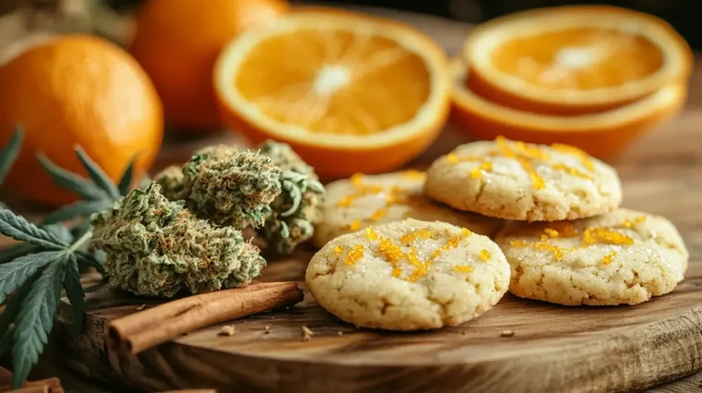 Tropicana Cookies cannabis buds beside finished citrus sugar cookies and orange slices