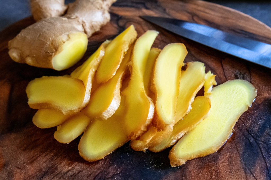 sliced fresh ginger root on a wooden cutting board with a knife