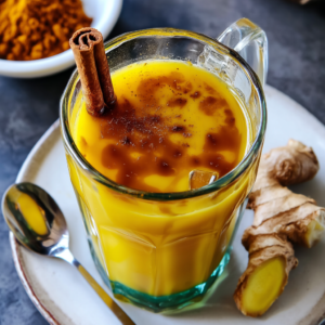 A vibrant ruby-red natural thermogenic fat burner drink in a clear glass with cinnamon stick, sliced ginger, and cayenne pepper visible. Condensation on glass showing it's freshly made.