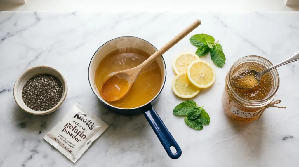 Chia Gelatin Trick Recipe: The Viral Weight Loss Snack Everyone's Making (2026) 3 Step-by-step preparation of chia gelatin trick recipe showing chia seeds, unflavored gelatin powder, warm liquid in a saucepan, and the finished chia gelatin mixture in a glass jar on a white marble countertop