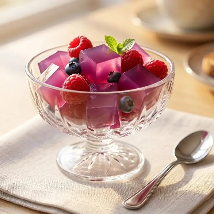 Colorful assortment of sugar-free gelatin cubes (red, orange, yellow) in a glass bowl, fresh fruit garnish, bright natural light, clean white kitchen background