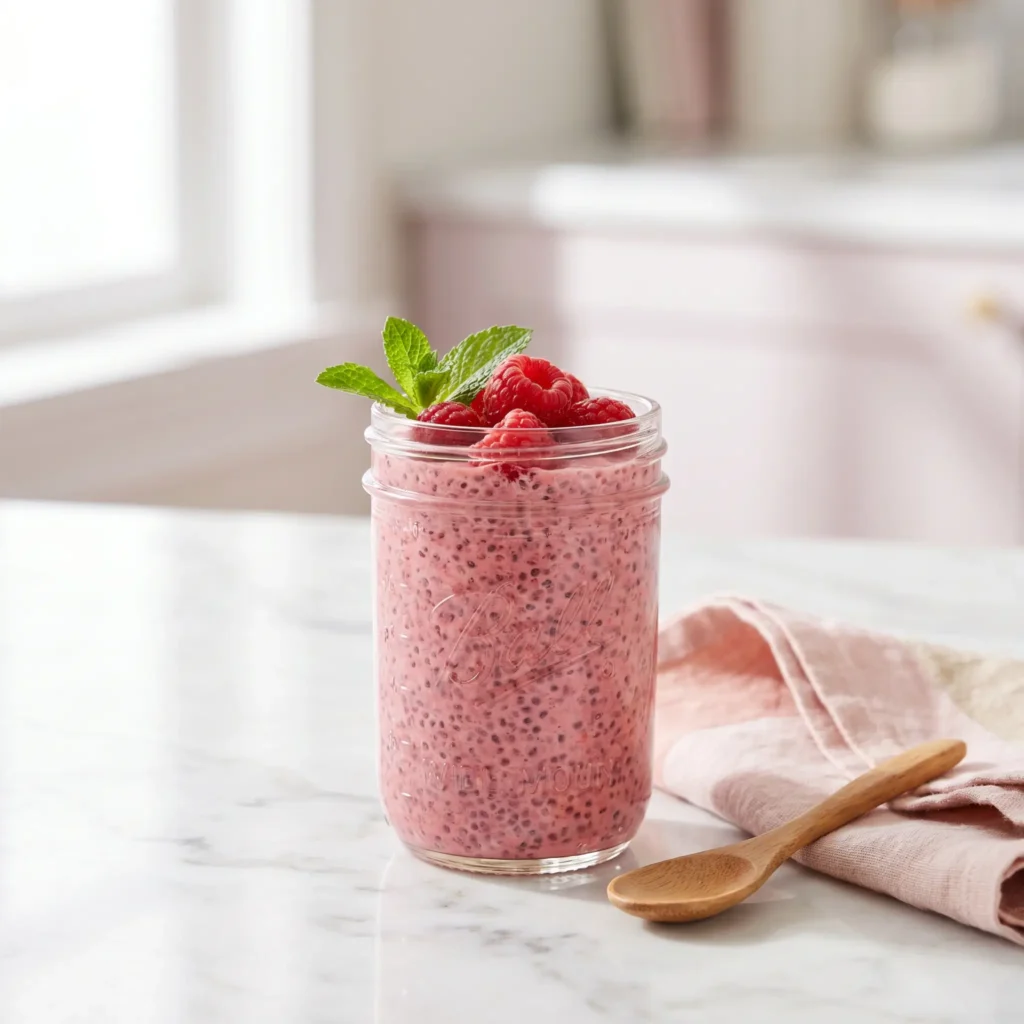 Chia jello recipe for weight loss in a glass jar topped with fresh raspberries, ready to eat 15 minutes before a meal