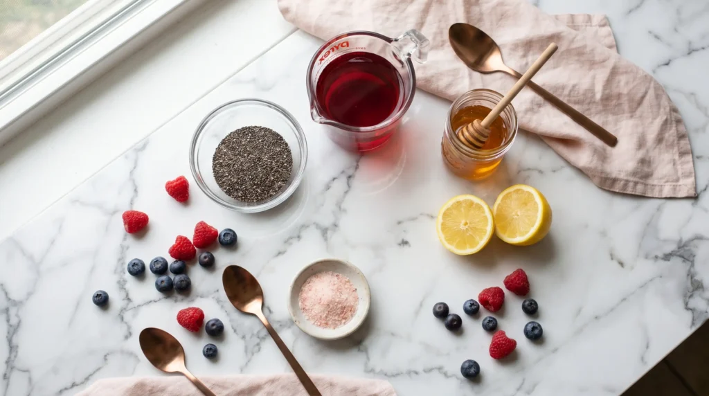 Chia Jello Recipe for Weight Loss: The 3-Ingredient Vegan Trick That Actually Works (2026) 3 Ingredients for chia jello weight loss recipe: chia seeds, cranberry juice, honey, lemon and pink salt on white marble