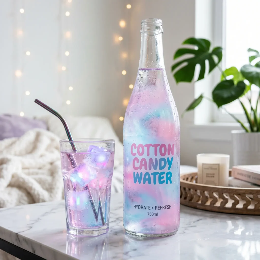 Cotton candy loaded water bottle on a pastel background