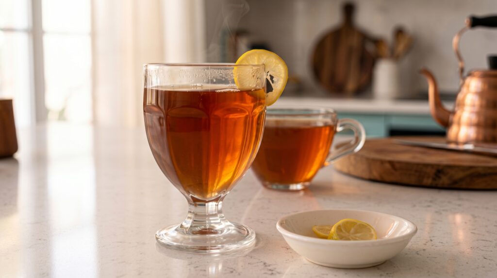 Chia Gelatin Trick Recipe: The Viral Weight Loss Snack Everyone's Making (2026) 2 Chia gelatin trick recipe for weight loss served warm in a glass with a lemon slice garnish on a kitchen countertop