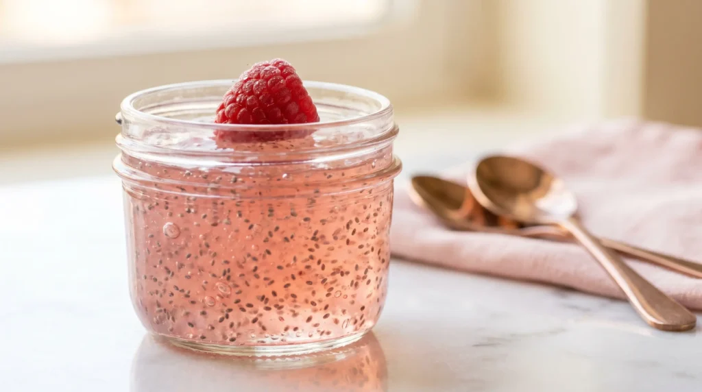 Chia Jello Recipe for Weight Loss: The 3-Ingredient Vegan Trick That Actually Works (2026) 5 Close-up of chia jello recipe for weight loss showing thick pink gel texture with suspended chia seeds