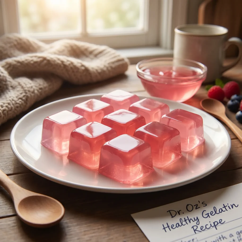 Close-up of pink gelatin cubes served beside a warm drink, inspired by the Dr. Oz pink gelatin recipe