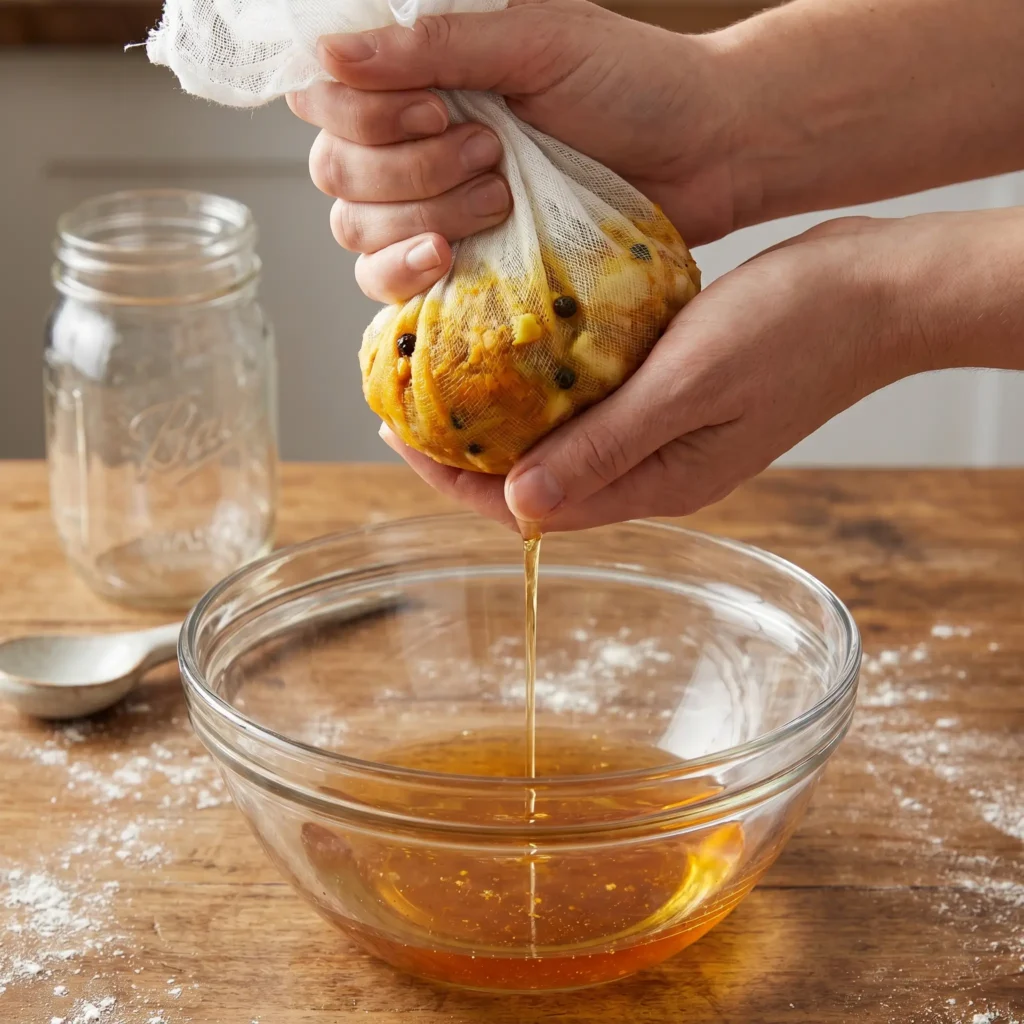 Straining the finished amish amoxicillin tonic through cheesecloth