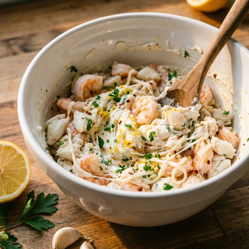 Crabby Shrimp-Stuffed Garlic Bread Bombs 4 Creamy shrimp and crab cheese filling in a mixing bowl