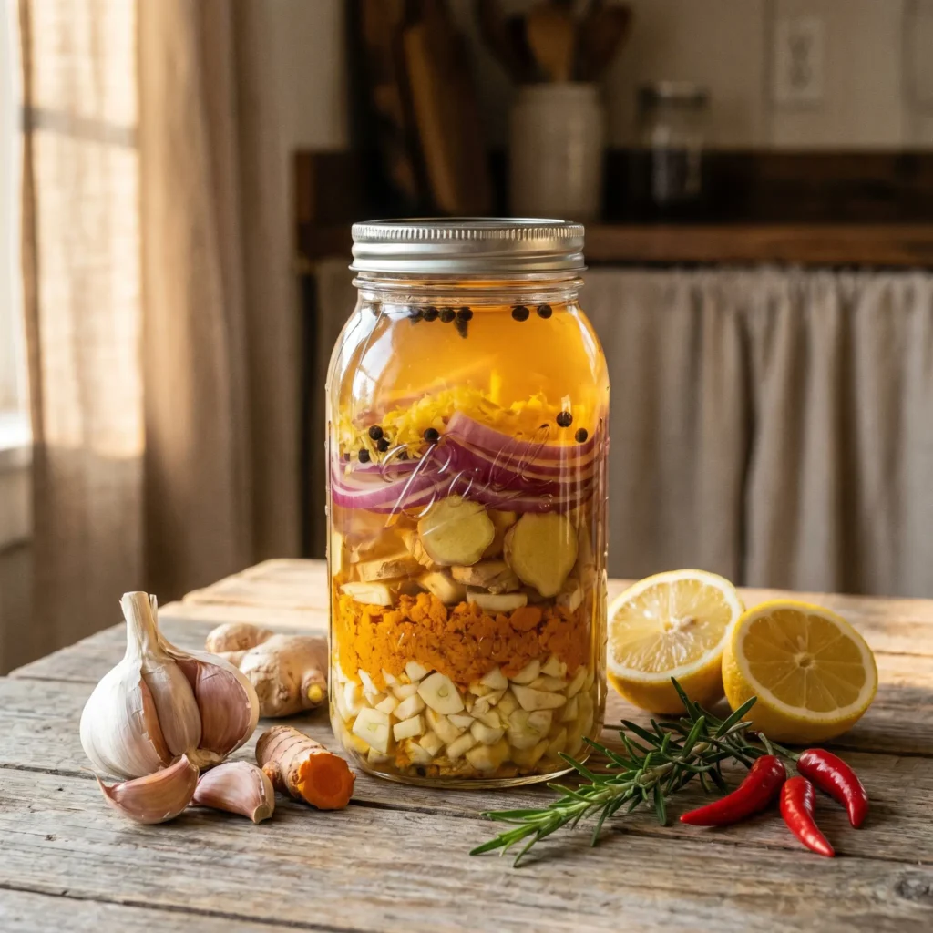 Amish Amoxicillin Recipe: The Traditional Immune-Support Tonic (And What It Really Is) 3 Amish amoxicillin recipe in a glass jar with garlic, ginger, and turmeric ingredients