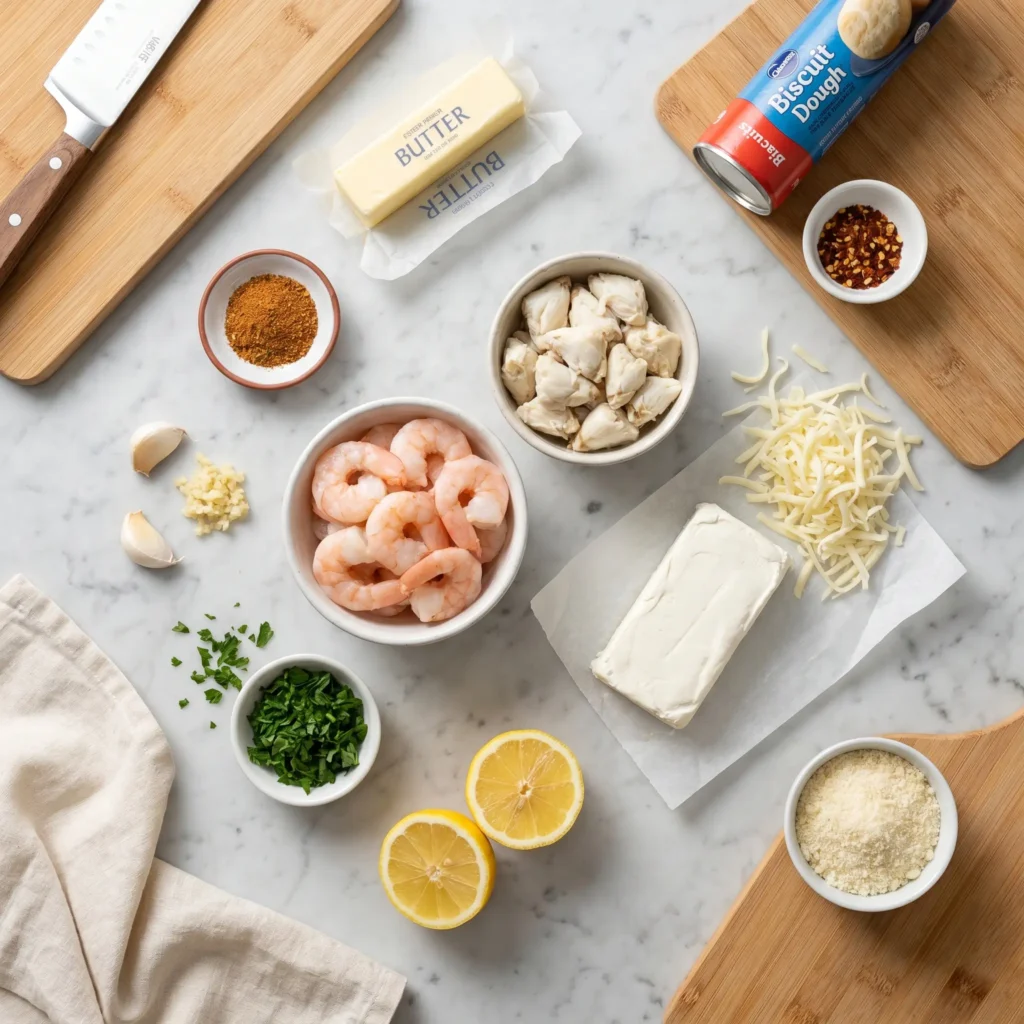 Crabby Shrimp-Stuffed Garlic Bread Bombs 2 Ingredients for shrimp and crab stuffed garlic bread bombs flat lay